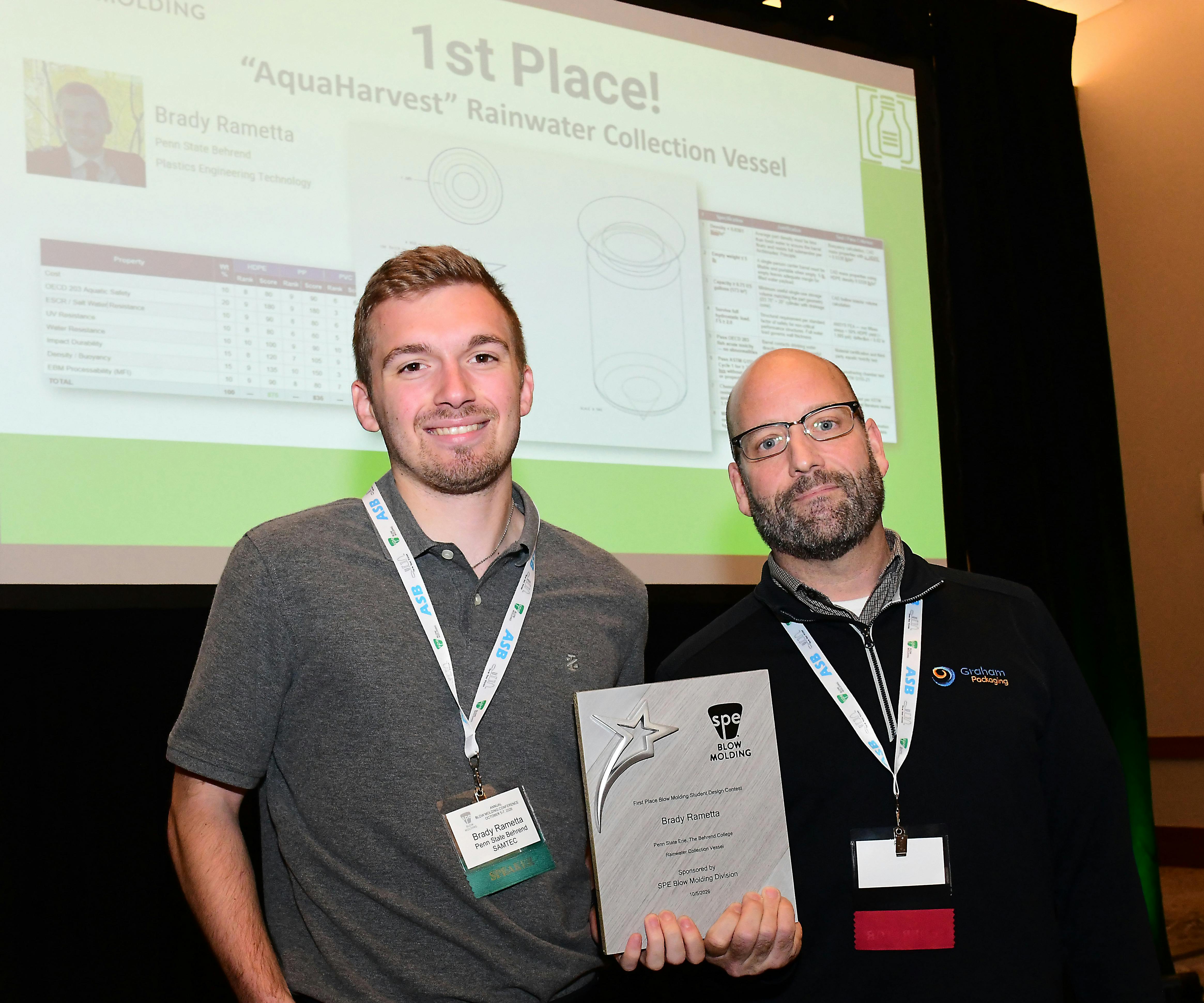 Brady Rametta (left), winner of the 2026 Student Design Competition, receives his award from David Brooks, board member and chair of the competition.