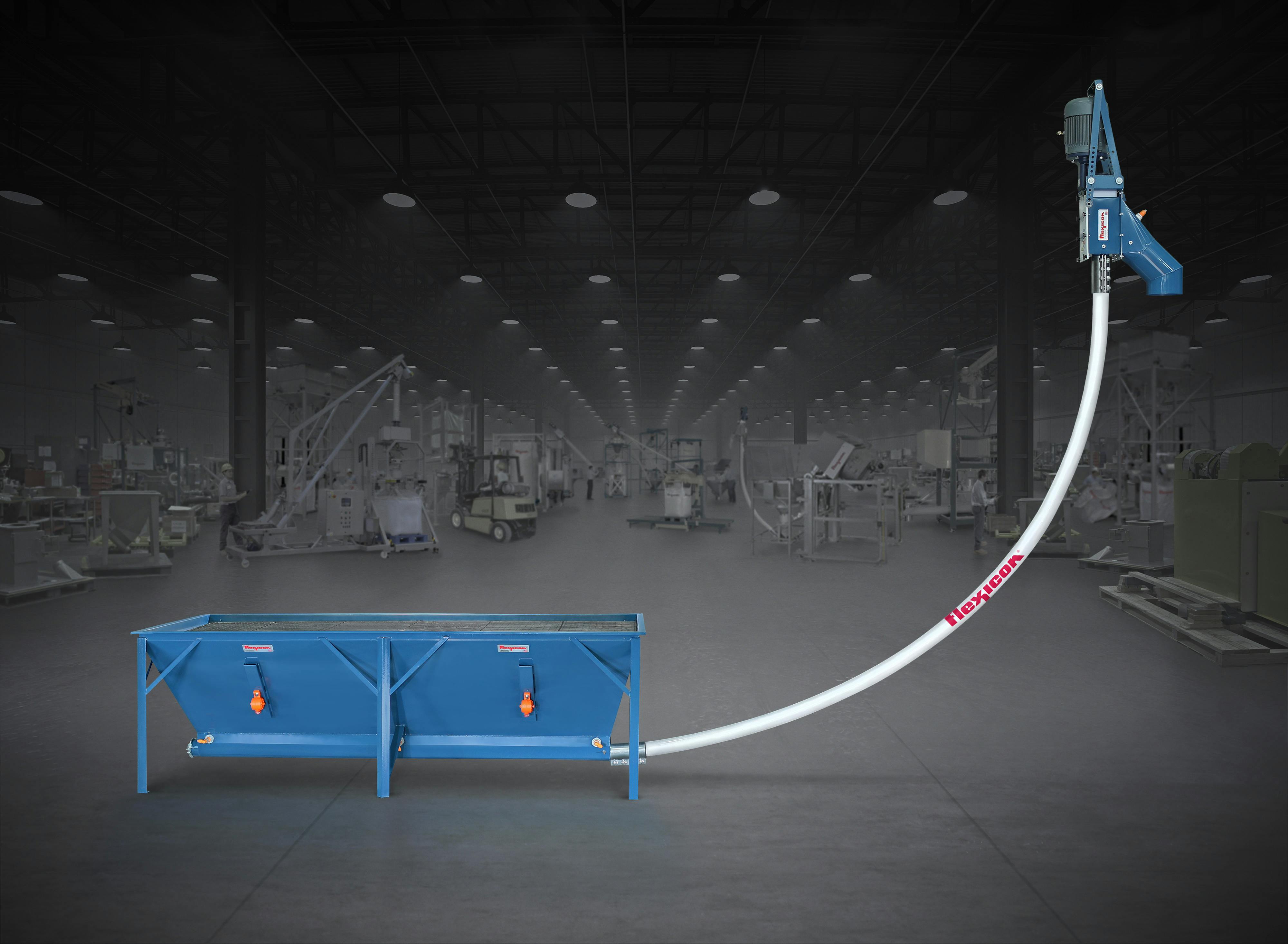 This Flexicon&circledR; flexible screw conveyor with trough hopper can receive material from multiple outlets of feeders, grinders, blenders, bulk bag dischargers, or any process equipment with a wide-style discharge.