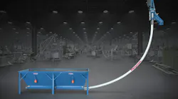 This Flexicon® flexible screw conveyor with trough hopper can receive material from multiple outlets of feeders, grinders, blenders, bulk bag dischargers, or any process equipment with a wide-style discharge.